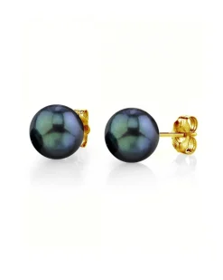 Black Akoya Round Pearl Stud Earrings, 7.5-8.0mm