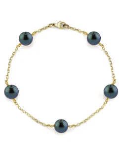 Black Japanese Akoya Pearl Tin Cup Bracelet, 7.0-7.5mm