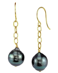 Black Tahitian Baroque Pearl Tin Cup Dangle Earrings