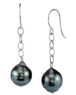 Black Tahitian Baroque Pearl Tin Cup Dangle Earrings
