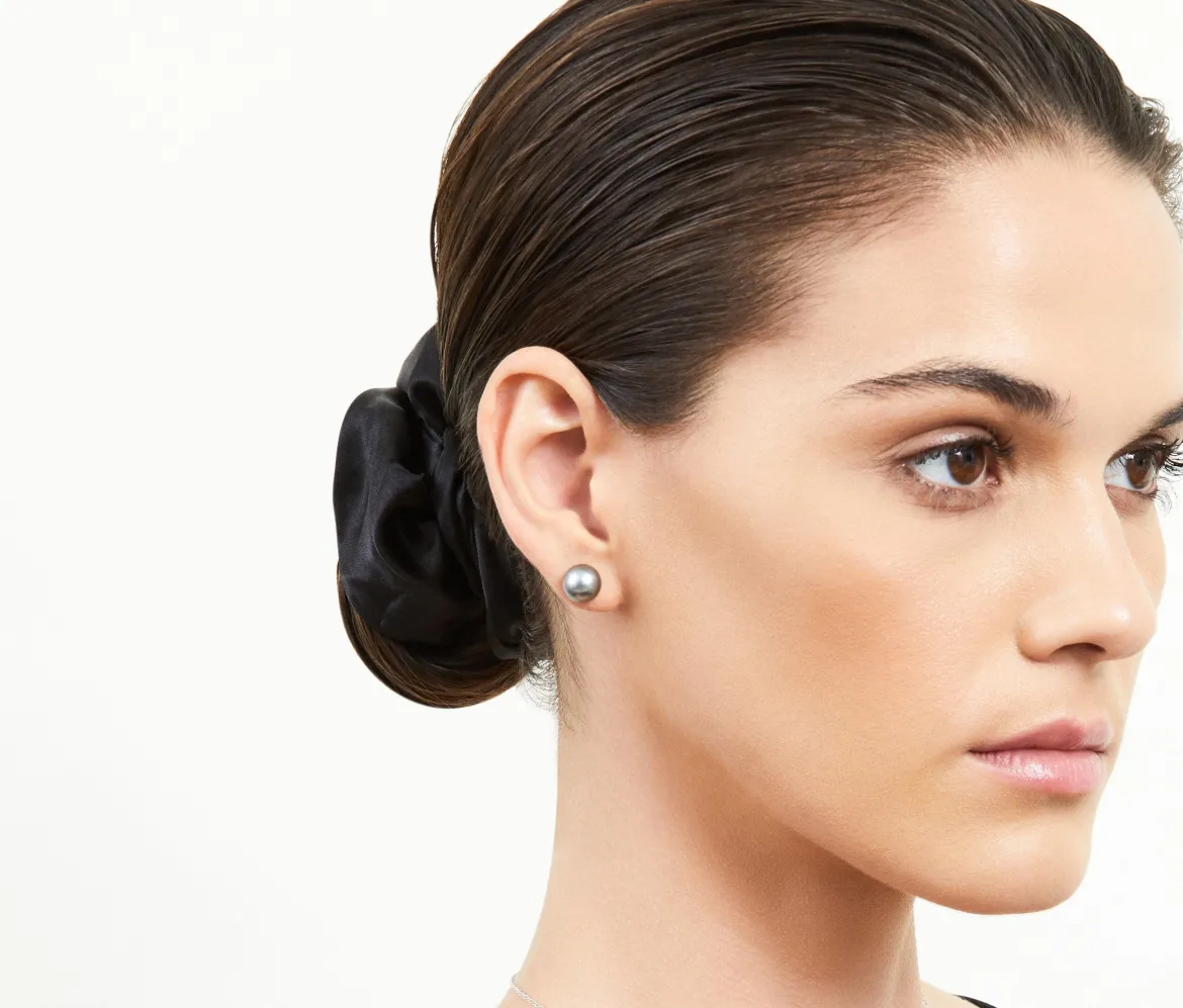 Black Tahitian Pearl Stud Earrings - Silver Overtone