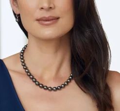 Black Tahitian True Round Pearl Necklace, 8.0-10.0mm - AAA Quality