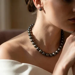 Black Tahitian True Round Pearl Necklace, 10.0-12.0mm - AAAA Quality