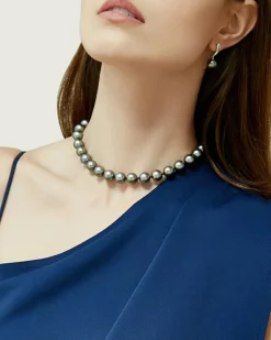 Bright Silver Tahitian True Round Pearl Necklace, 8.0-10.0mm - AAAA Quality