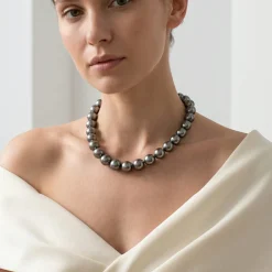 Dark Tahitian True Round Pearl Necklace, 13.0-15.0mm - AAA Quality