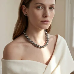 Dark Tahitian True Round Pearl Necklace, 13.0-15.0mm - AAA Quality