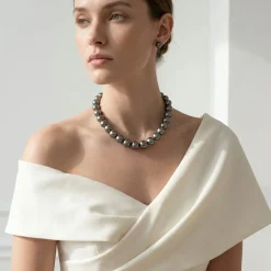 Dark Tahitian True Round Pearl Necklace, 13.0-15.0mm - AAA Quality