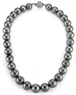 Dark Tahitian True Round Pearl Necklace, 13.0-15.0mm - AAA Quality