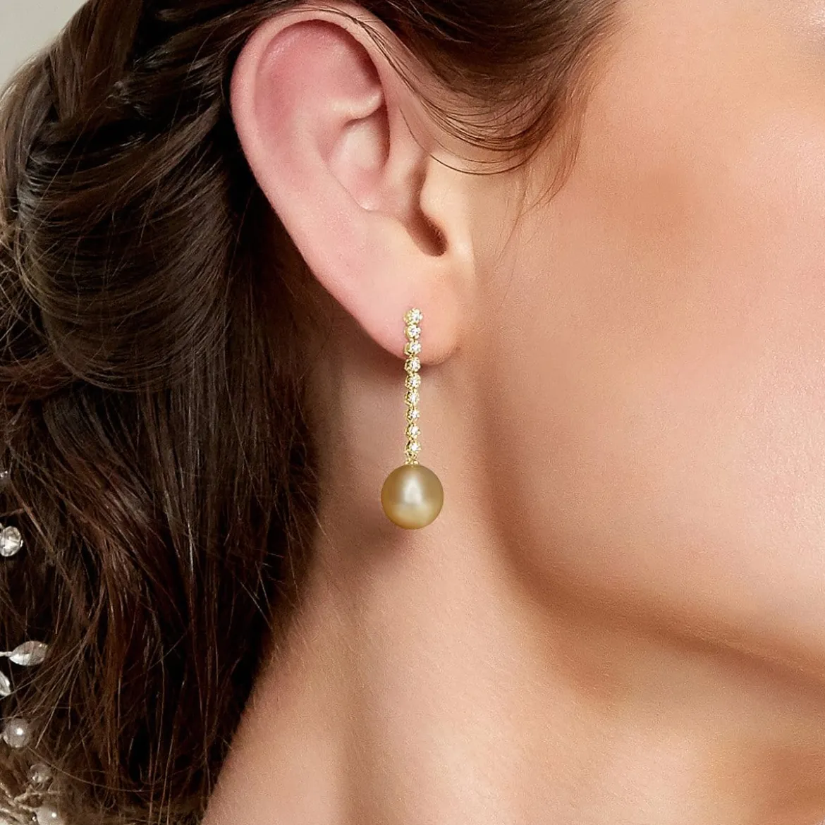 Golden South Sea Pearl & Diamond Bellatrix Dangle Earrings