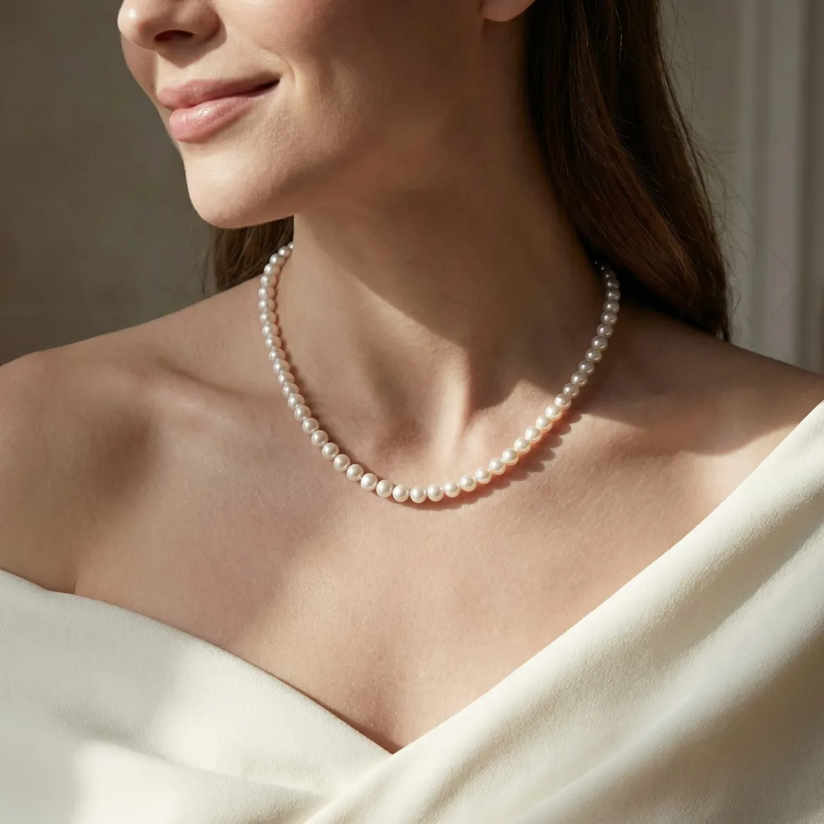 Hanadama Japanese White Akoya Pearl Necklace, 6.0-6.5mm