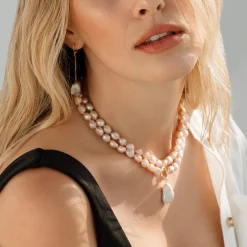 9.5-10.5mm Oval Pink Freshwater Pearl Double Strand Necklace