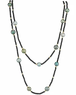 Multi-Color Tahitian Pearl & Black Spinel Gemstone Necklace, 9.0-10.0mm
