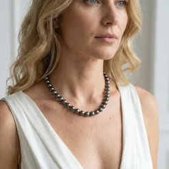 Silver Tahitian True Round Pearl Necklace, 9.0-11.0mm - AAAA Quality