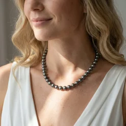 Silver Tahitian True Round Pearl Necklace, 9.0-11.0mm - AAAA Quality