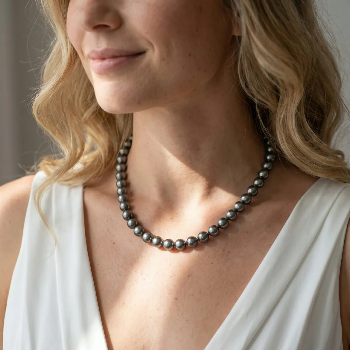 Silver Tahitian True Round Pearl Necklace, 9.0-11.0mm - AAAA Quality