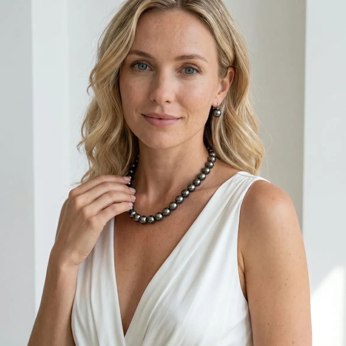Silver Tahitian True Round Pearl Necklace, 9.0-11.0mm - AAAA Quality