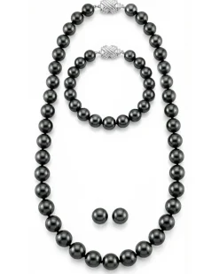 True Round Black Tahitian Pearl Jewelry Set, 8.0-10.0mm - AAA Quality