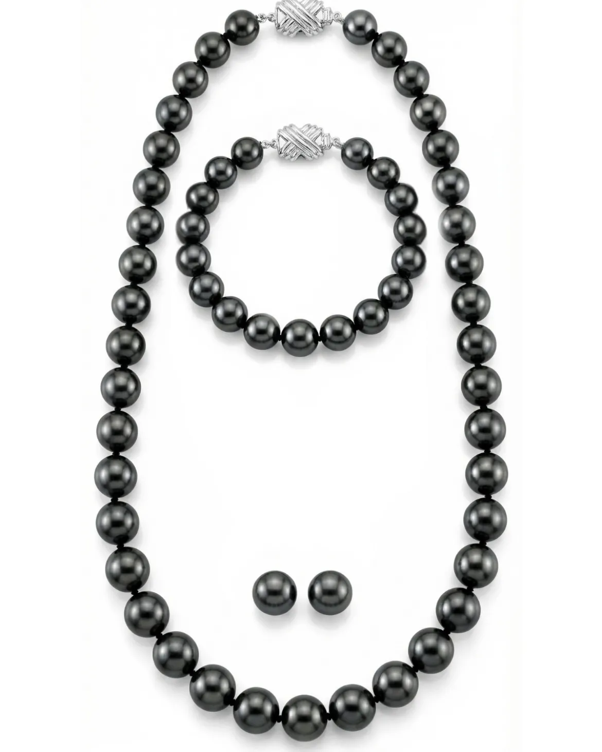 True Round Black Tahitian Pearl Jewelry Set, 8.0-10.0mm - AAA Quality