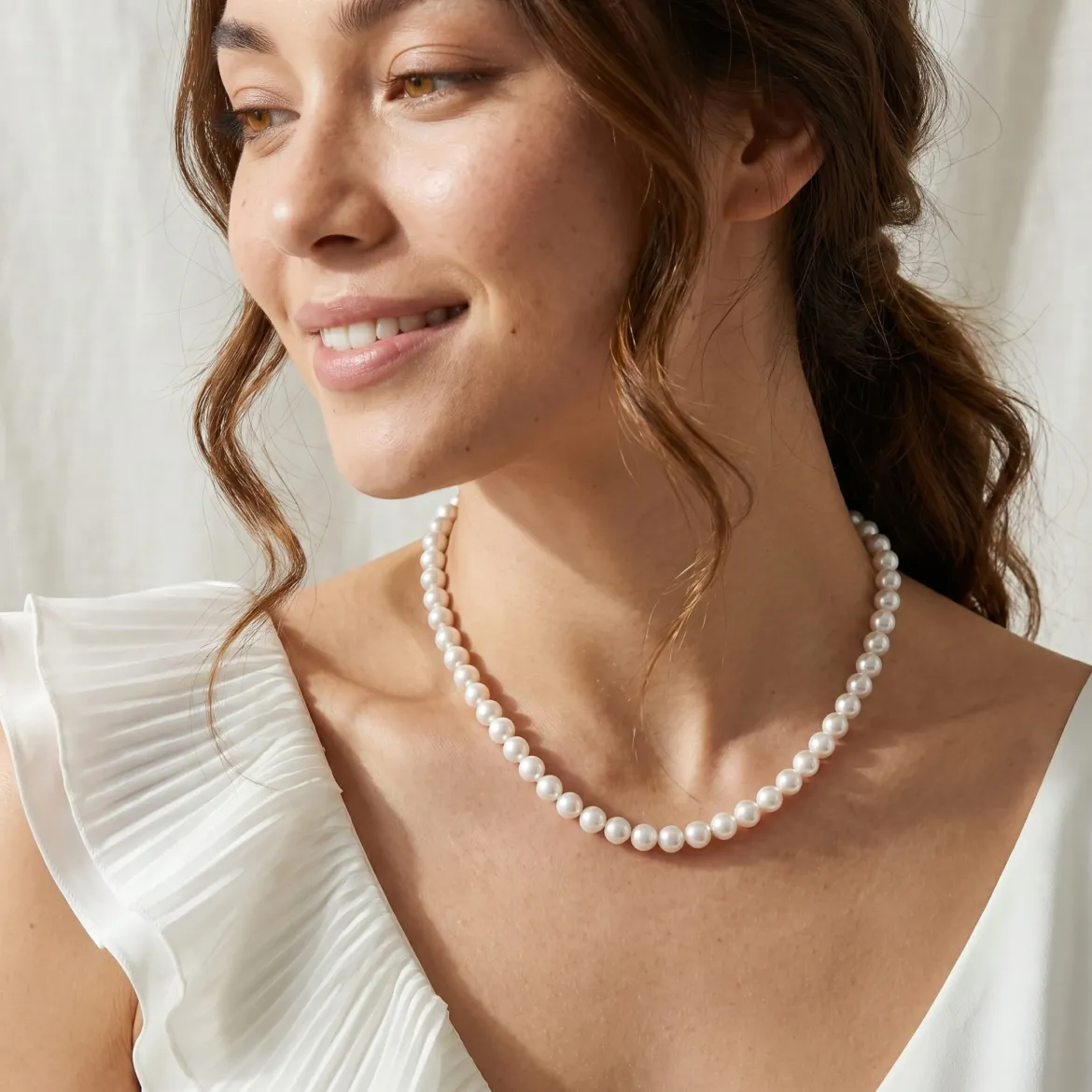 White Hanadama Japanese Akoya Pearl Necklace, 7.5-8.0mm