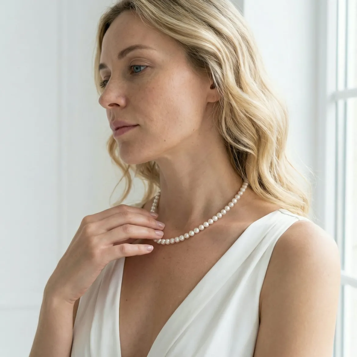White Japanese Akoya Choker Length Pearl Necklace, 6.5-7.0mm - AA+ Quality