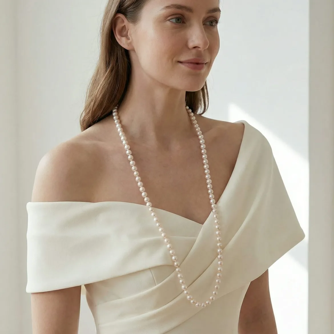 White Japanese Akoya Opera Length Pearl Necklace, 6.5-7.0mm