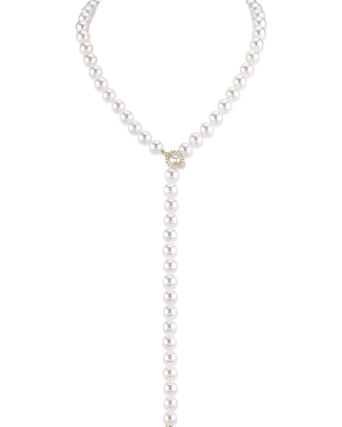 White Japanese Akoya Pearl & Diamond Lariat Adjustable Necklace, 8.0-8.5mm - AAA Quality