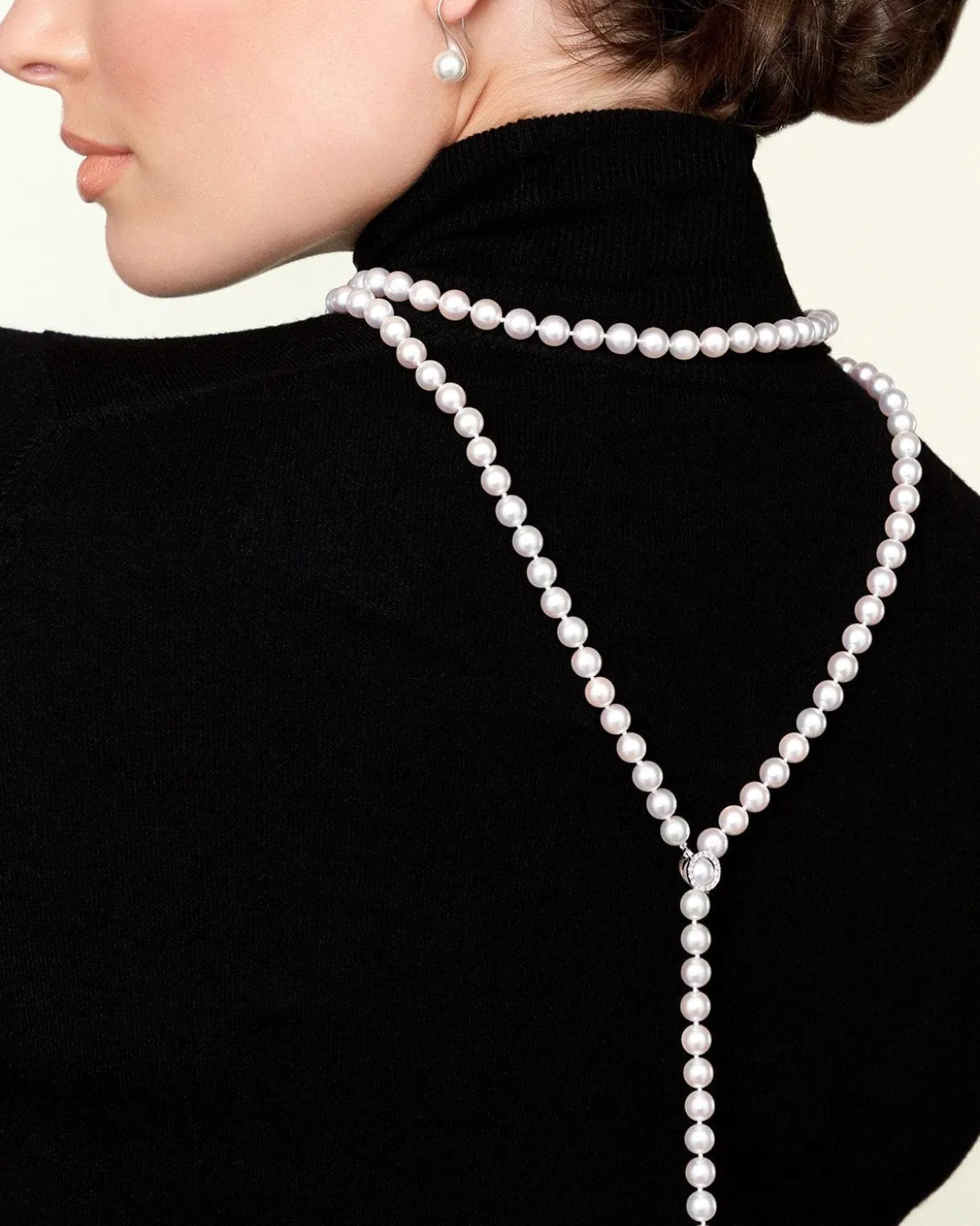 White Japanese Akoya Pearl & Diamond Lariat Adjustable Necklace, 8.0-8.5mm - AAA Quality