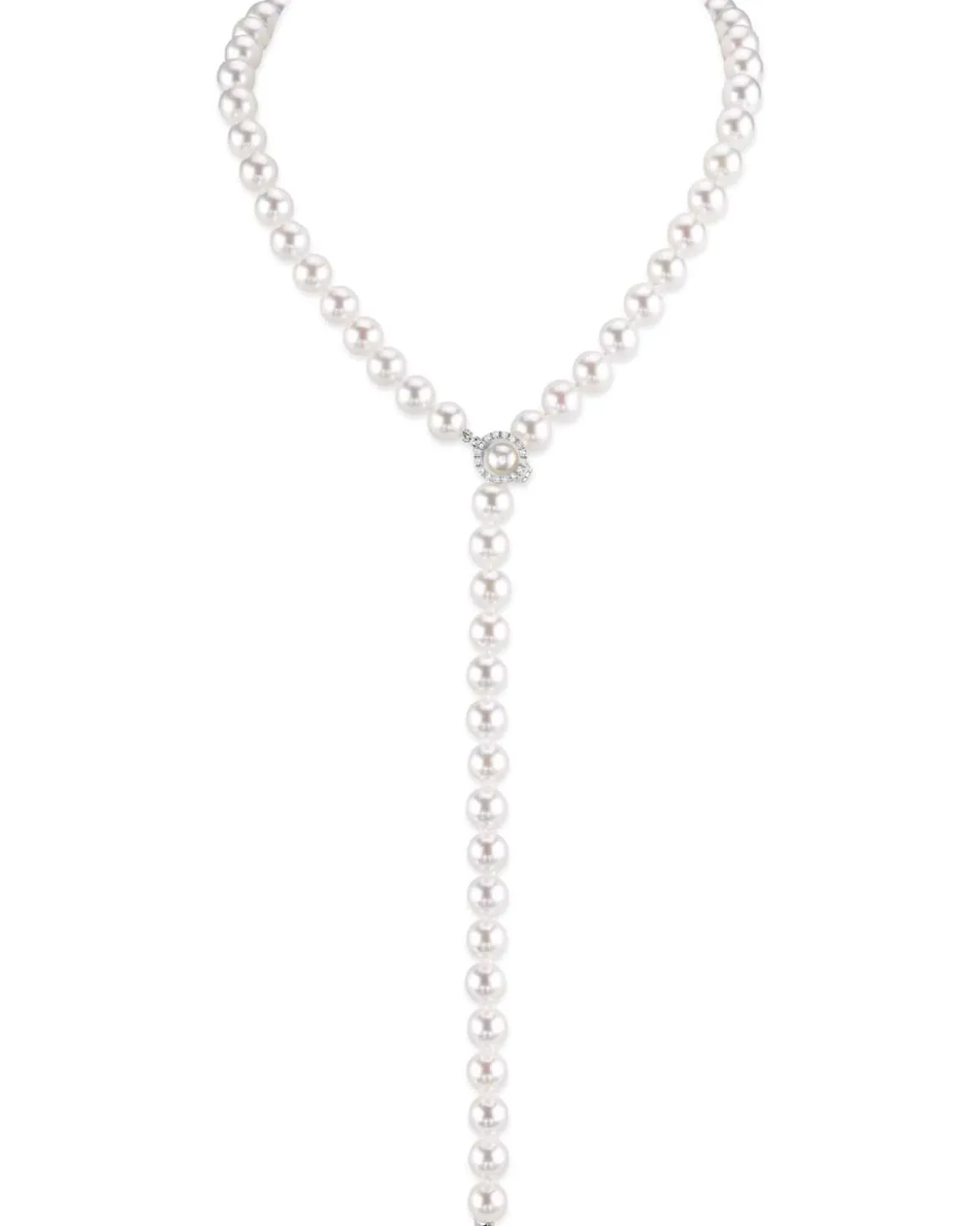 White Japanese Akoya Pearl & Diamond Lariat Adjustable Necklace, 8.0-8.5mm - AAA Quality