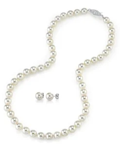 White Japanese Akoya Pearl Necklace & Earring 2-Piece Set, 8.0-8.5mm