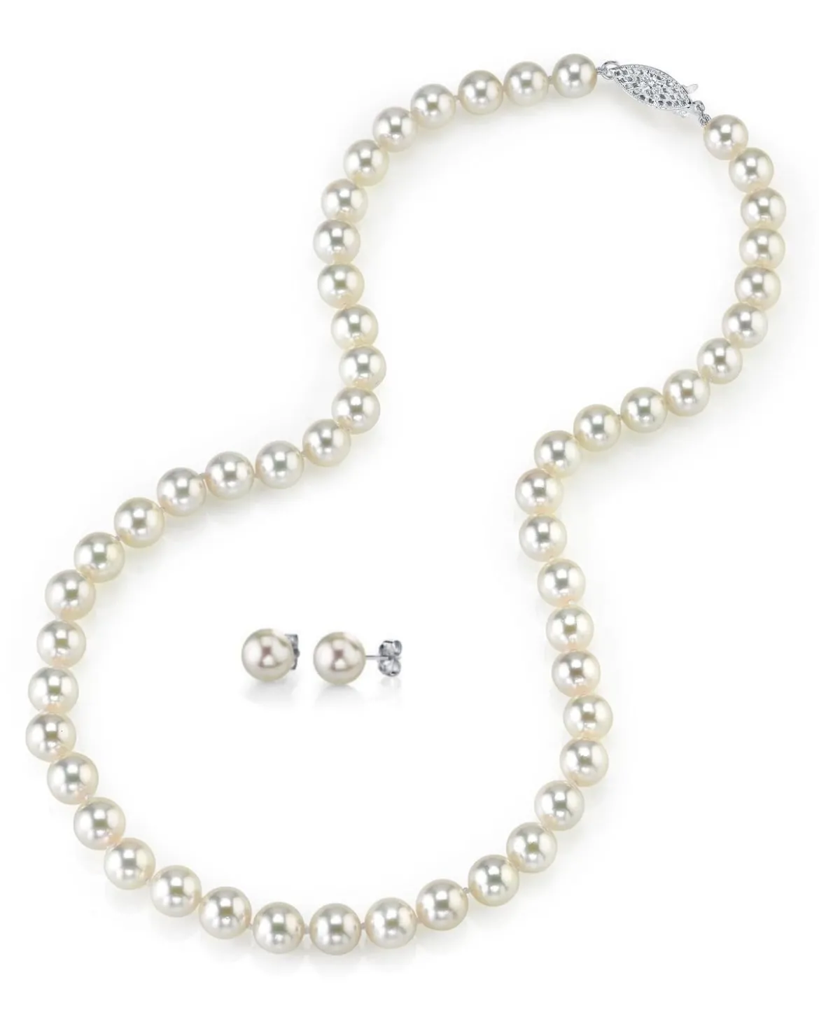 White Japanese Akoya Pearl Necklace & Earring 2-Piece Set, 8.0-8.5mm