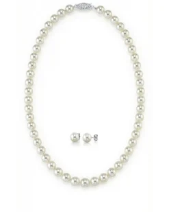 White Japanese Akoya Pearl Necklace & Earring 2-Piece Set, 6.5-7.0mm
