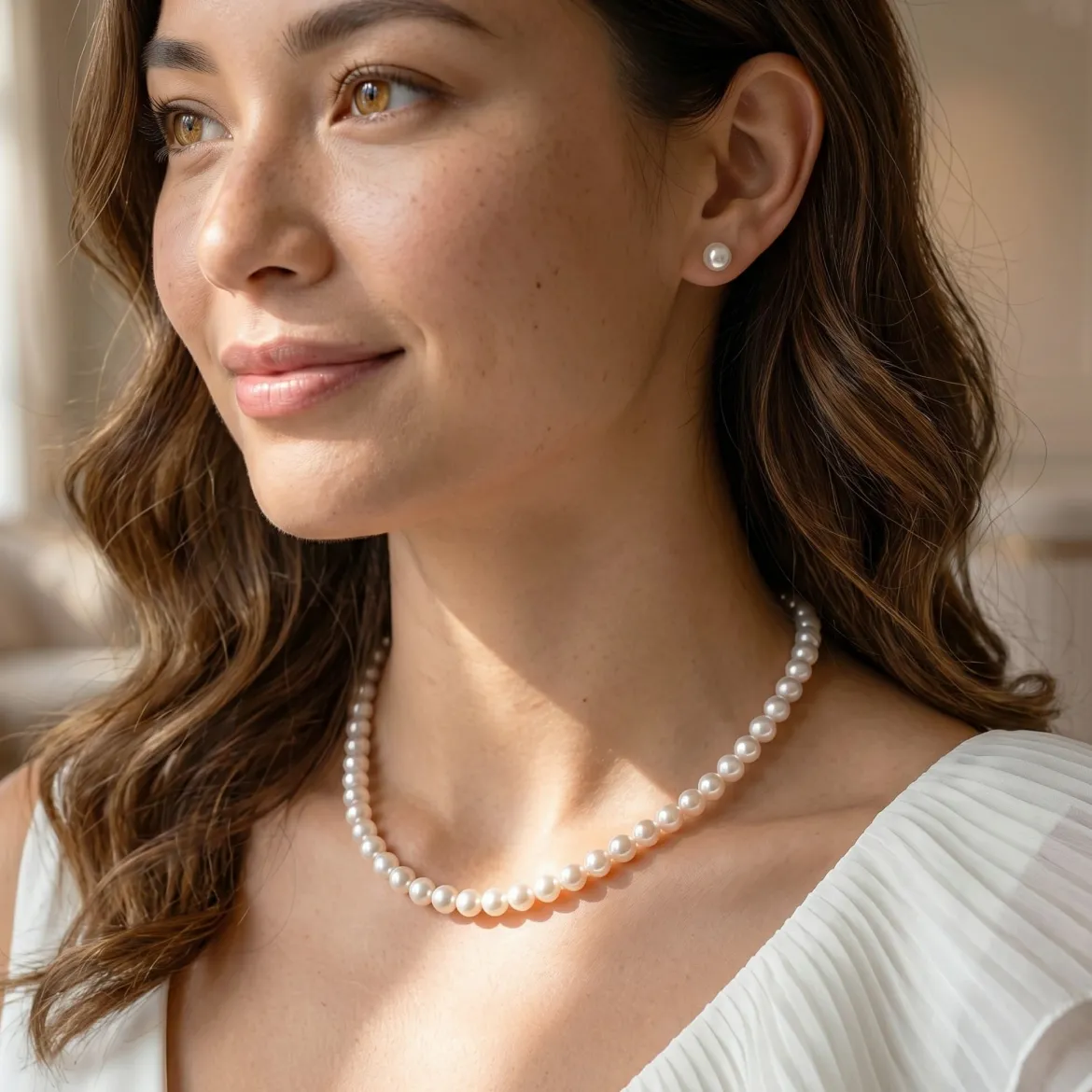 White Japanese Akoya Pearl Necklace & Earring 2-Piece Set, 6.5-7.0mm