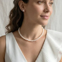 White Japanese Akoya Pearl Necklace & Earring 2-Piece Set, 6.5-7.0mm