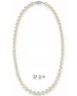White Japanese Akoya Pearl Necklace & Earring 2-Piece Set, 6.0-6.5mm