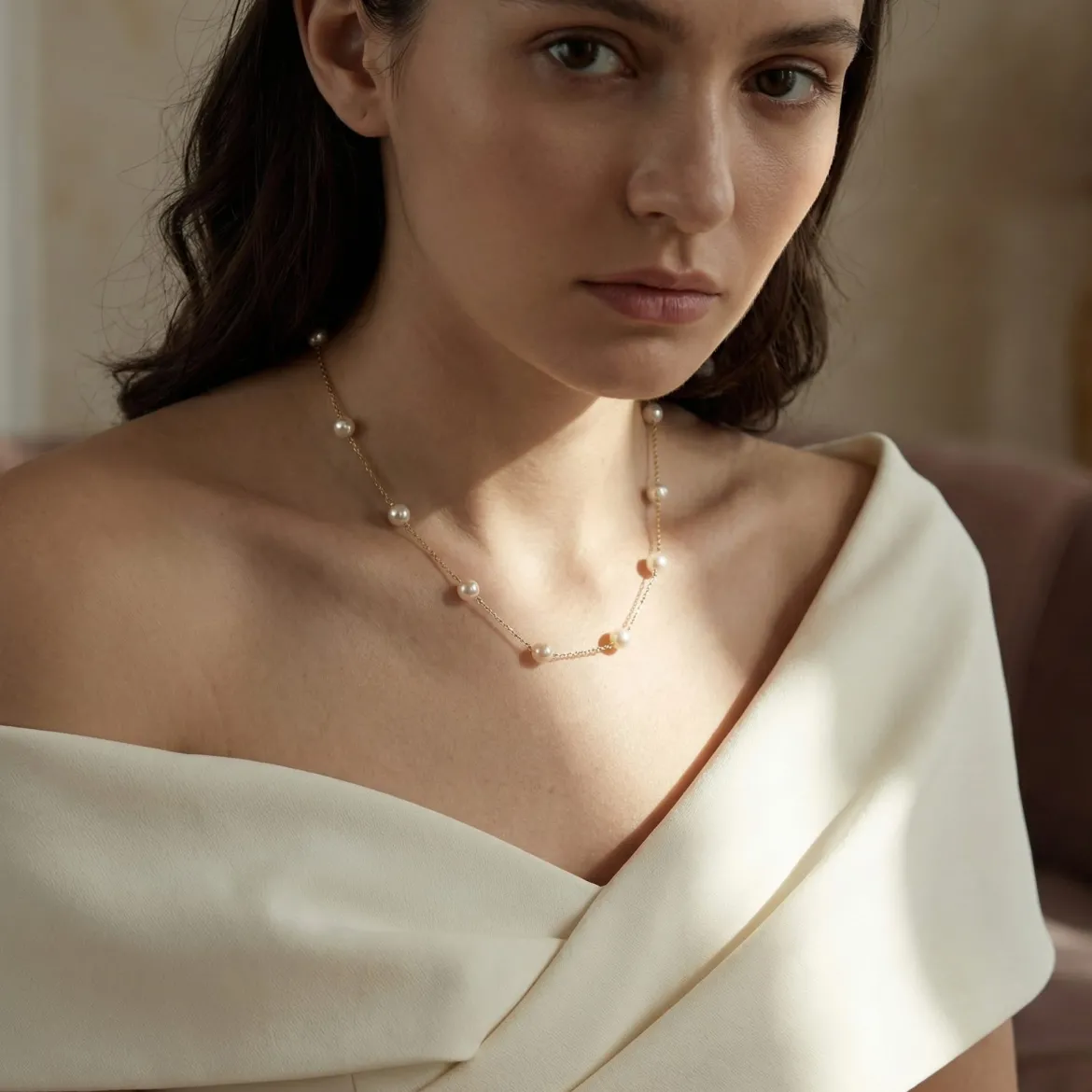 White Japanese Akoya Pearl Tin Cup Necklace - AAA Quality