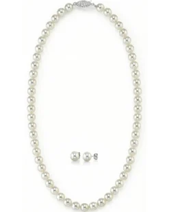 White Japanese Akoya Pearl Necklace & Earring 2-Piece Set, 8.5-9.0mm