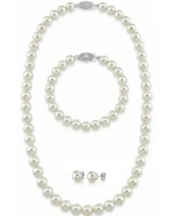 White Japanese Akoya 3-Piece Pearl Jewelry Set, 8.0-8.5mm