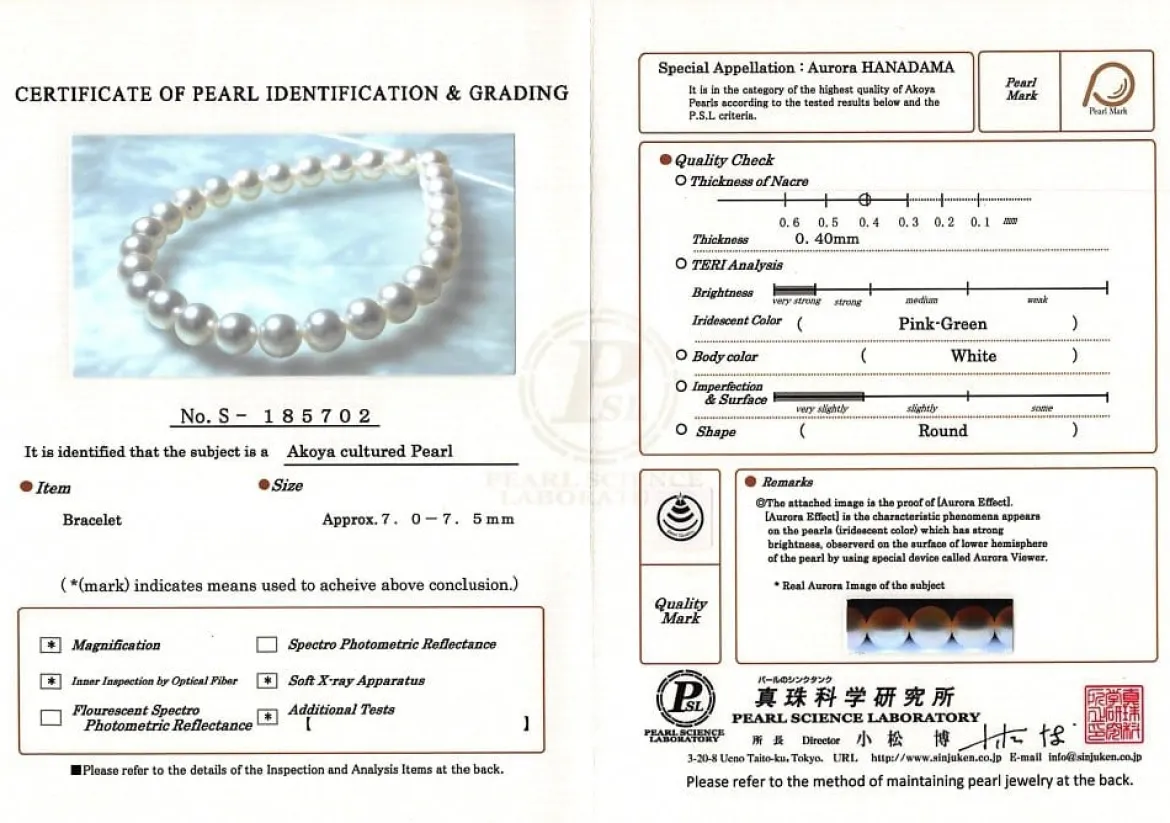 White Japanese Hanadama Akoya Pearl Bracelet, 7.0-7.5mm