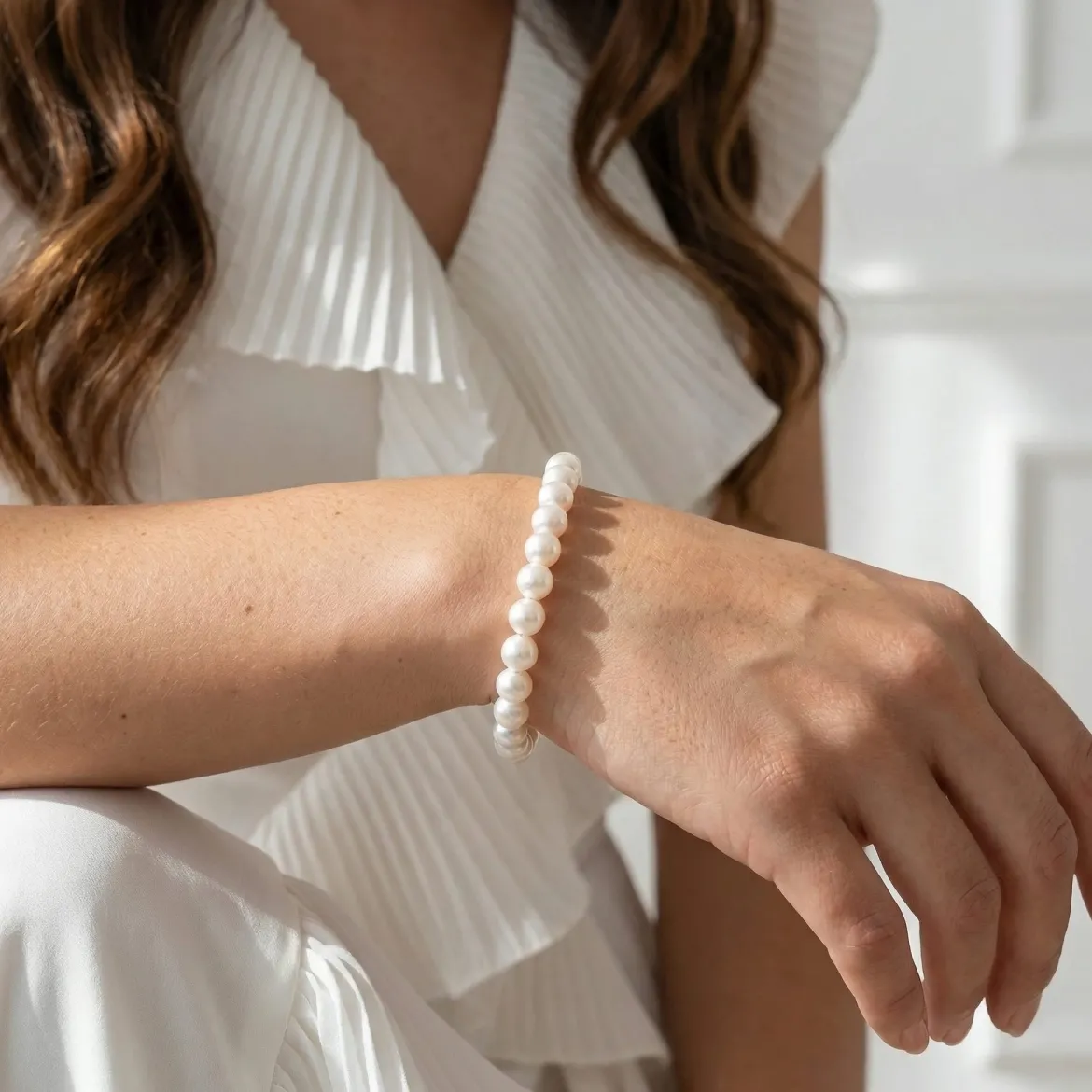White Japanese Hanadama Akoya Pearl Bracelet, 6.5-7.0mm