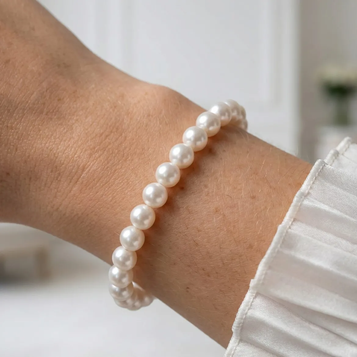 White Japanese Hanadama Akoya Pearl Bracelet, 6.5-7.0mm
