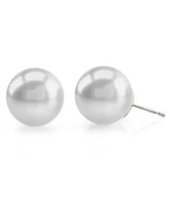 White South Sea Round Pearl Stud Earrings, 14.0-15.0mm